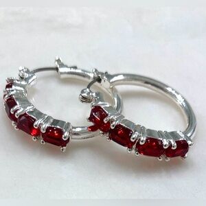 Vintage Avon Silver Hoop Earrings with Red Gem Accents